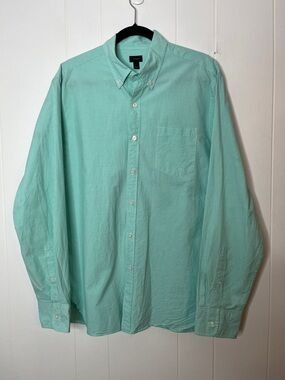 J. Crew Men's Mint Green and White Gingham Checked Button-Down Shirt L